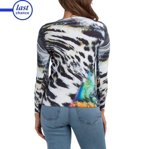 EDINBURGH KNITS Optic White Pima Cotton Wild Animal Printed Crew Neck Sweater - Picture 2 of 2